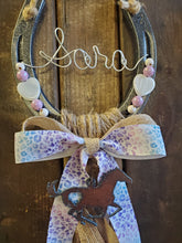 Load image into Gallery viewer, Personalized Horse Gift - Horse Gift for Equestrians and Barrel Racers - Lilac Leopard Rustic Horseshoe
