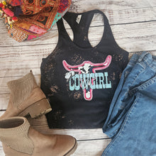 Load image into Gallery viewer, Horse Tank Top - Neon Pink Cowgirl Cowprint Steer Skull

