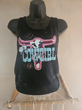 Load image into Gallery viewer, Horse Tank Top - Neon Pink Cowgirl Cowprint Steer Skull
