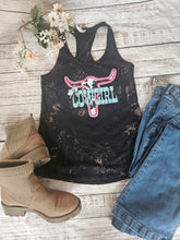 Load image into Gallery viewer, Horse Tank Top - Neon Pink Cowgirl Cowprint Steer Skull

