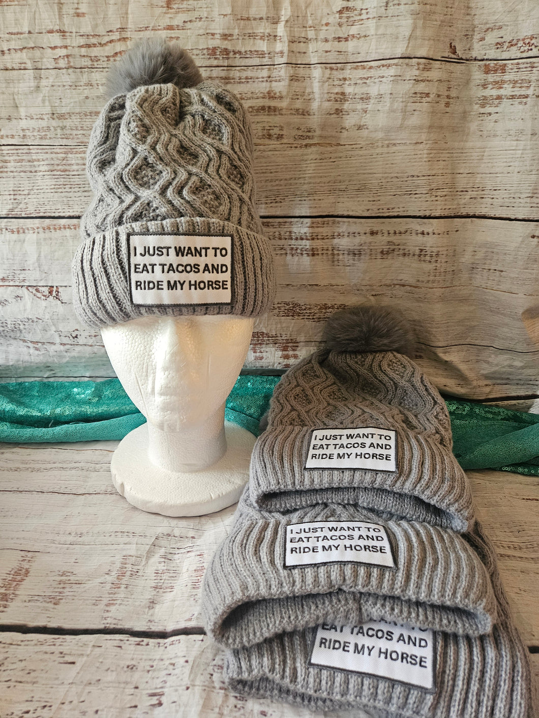 Funny Horse Beanie with Pom Pom Winter Hat - I Just Want to eat Tacos & Ride my Horse