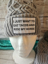 Load image into Gallery viewer, Funny Horse Beanie with Pom Pom Winter Hat - I Just Want to eat Tacos &amp; Ride my Horse
