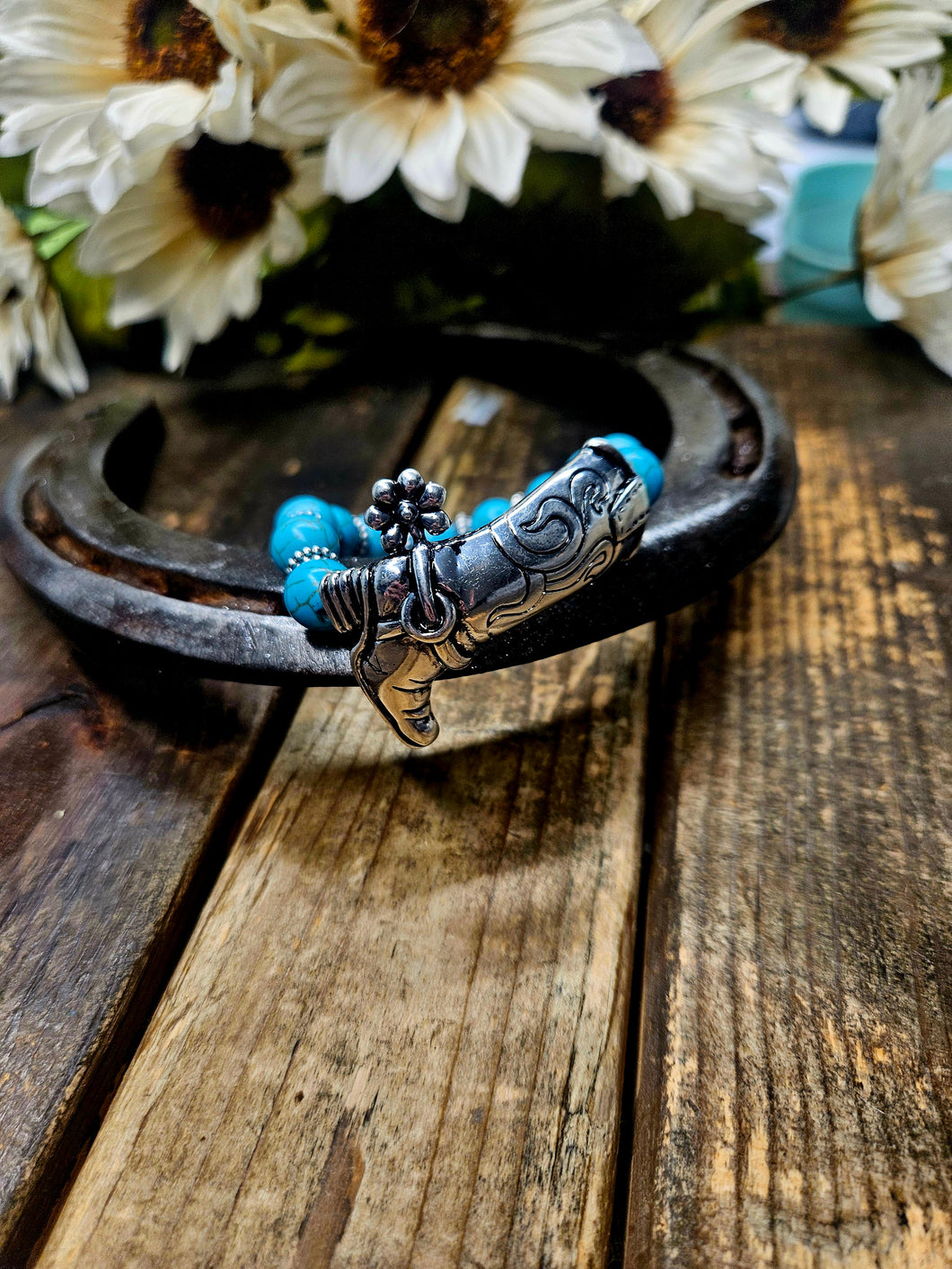 Western Style Silver Cowboy BootTurquoise Beaded Bracelet