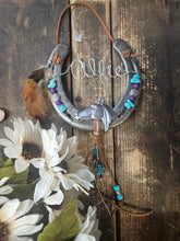 Load image into Gallery viewer, Personalized Horse Gift -  Silver Horse with Purple Accents Hanging Horseshoe
