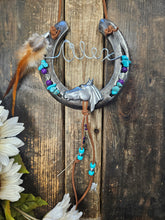 Load image into Gallery viewer, Personalized Horse Gift -  Silver Horse with Purple Accents Hanging Horseshoe
