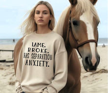Load image into Gallery viewer, Funny Horse Lover Crewneck Sweatshirt - Lame. Broke. Has Separation Anxiety.
